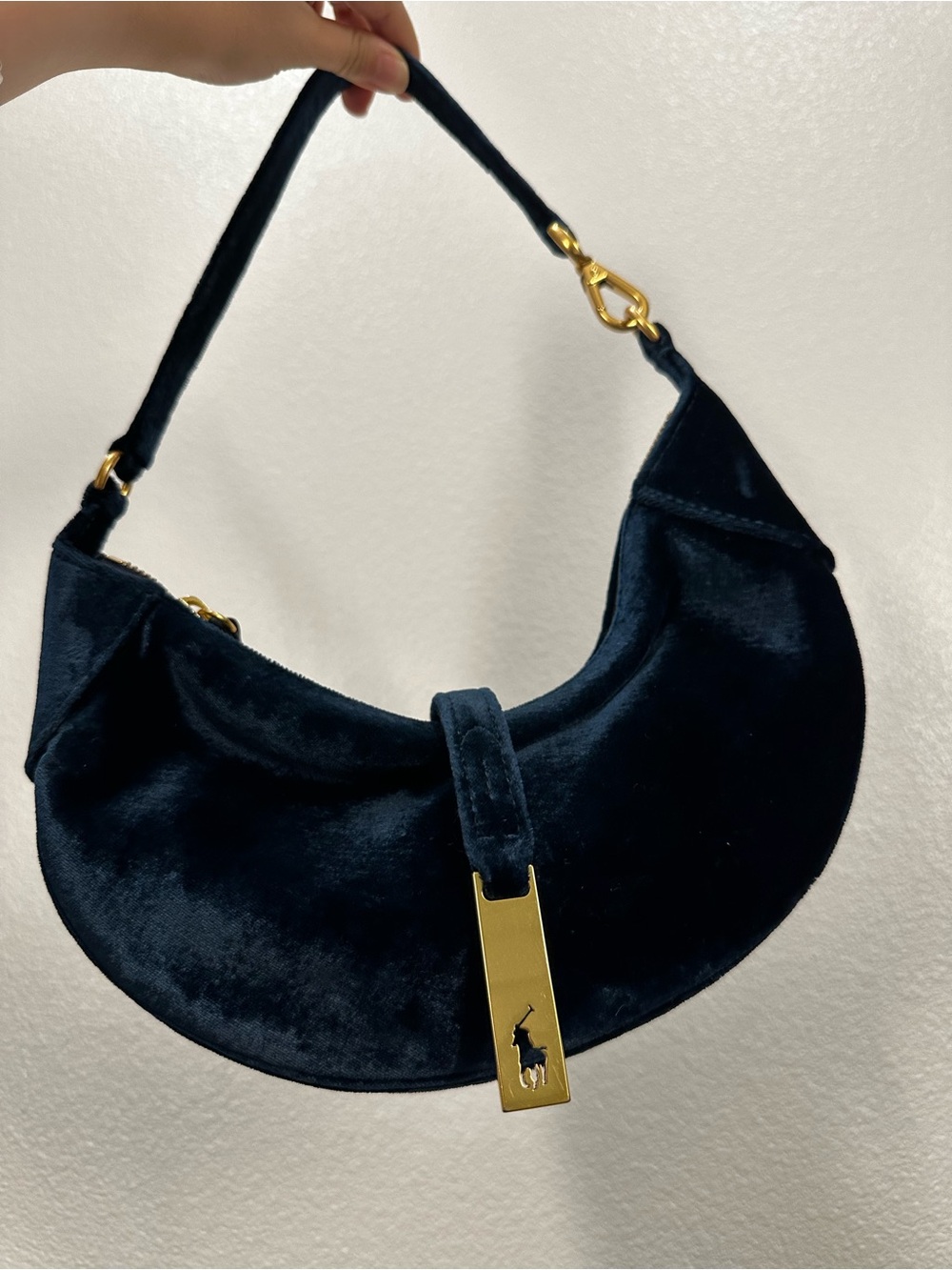 Ralph Lauren Navy Velvet Crescent Shoulder Bag with Gold Hardware - Picture 4 of 5